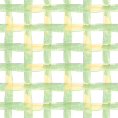 Green and yellow checkered background. Seamless watercolor pattern with vertical hand drawn stripe, line for wallpapers, textile, bed linen prints, fabric texture