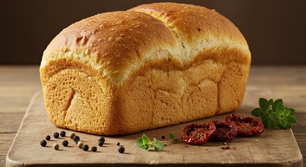 Freshly baked loaf of bread with sun-dried tomatoes and black peppercorns