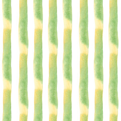 Green and yellow line background. Seamless watercolor pattern with vertical hand drawn stripe, line for wallpapers, textile, bed linen prints, fabric texture