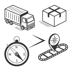 Isometric delivery truck, package, compass, and map in black and white