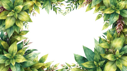 Exotic green plants create and heart-shaped frame with ample space for text watercolor background