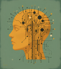 Human Mind Meets AI: Yellow Head with Integrated Circuit Lines over Green Field

