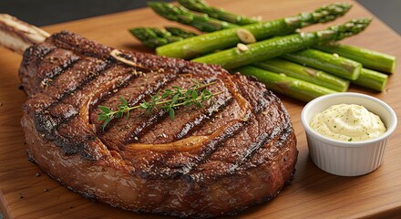 Grilled tomahawk steak served with asparagus and sauce on wooden board
