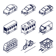 Isometric line art illustration of various vehicles for transportation