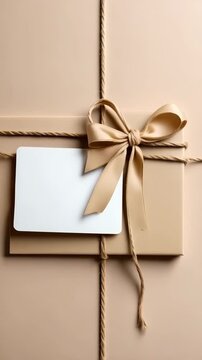 Beige rectangular gift package tied with string and a fabric bow on a seamless tan background.