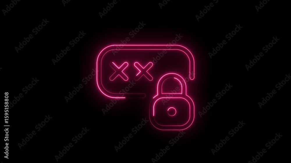 Poster glowing neon pink password input field with lock symbol and cross marks isolated on black background