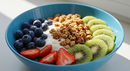 Healthy breakfast bowl with yogurt, granola, blueberries, kiwi and strawberries