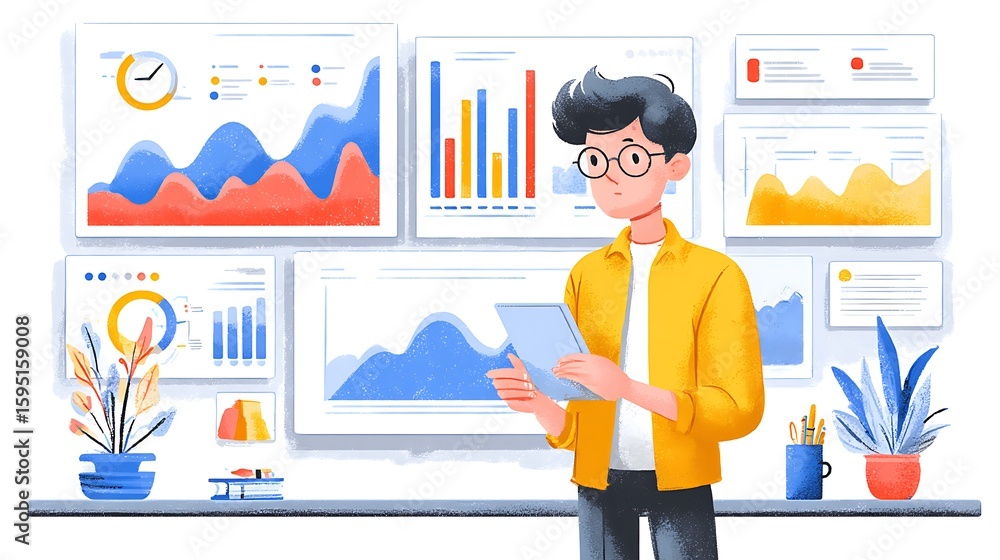 Poster young professional analyzing complex financial data charts and graphs in a modern office setting