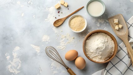 Fresh baking ingredients like flour, eggs, milk, and butter are neatly arranged on a dusty kitchen counter, ready for delicious homemade recipes.