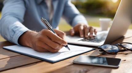 Person writing on documents while working on a laptop outdoors during daytime