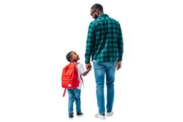 father and son with backpack isolated on white