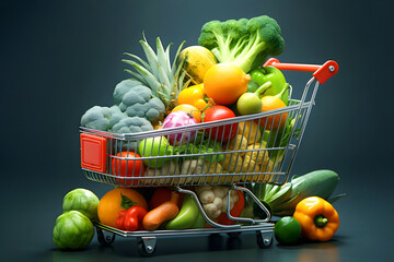 Colorful assortment of fresh vegetables and fruits in a shopping cart ready for healthy cooking