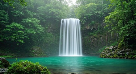 Tranquil waterfall cascading into a turquoise pool surrounded by lush forest