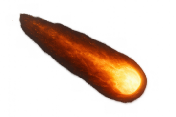 Large burning meteor entering earth's atmosphere leaving a trail of fire and smoke, on transparent background