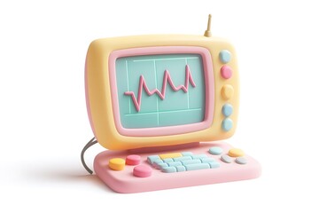 A clay monitor stand with exaggerated edges, cartoon vital signs on screen, and soft pastel buttons, isolated on a white background