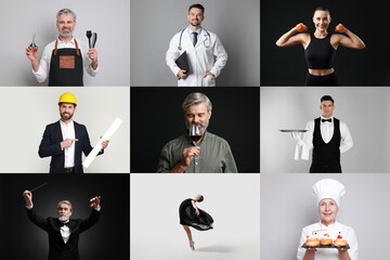 People of different professions. Collage with portraits on various colors backgrounds
