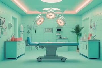 •  A clay-style operating room with a pastel blue surgical table, overhead lights, and side trays filled with cartoon medical tools, set in a clean pastel green space