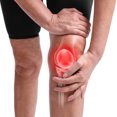 Arthritis. Senior woman suffering from pain in her knee on white background, closeup. Illustration...