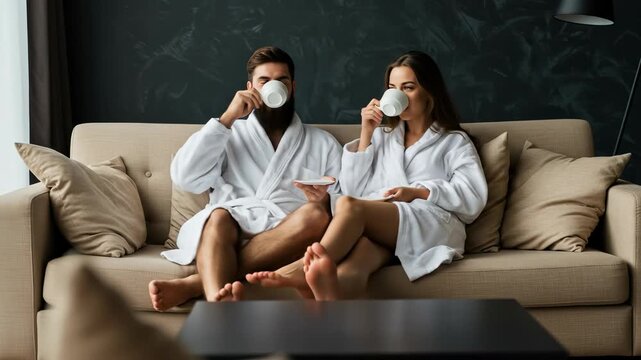 Romantic Coffee Break: A couple in their 30s, wrapped in cozy white robes, sip coffee together on a beige sofa in a modern hotel room.