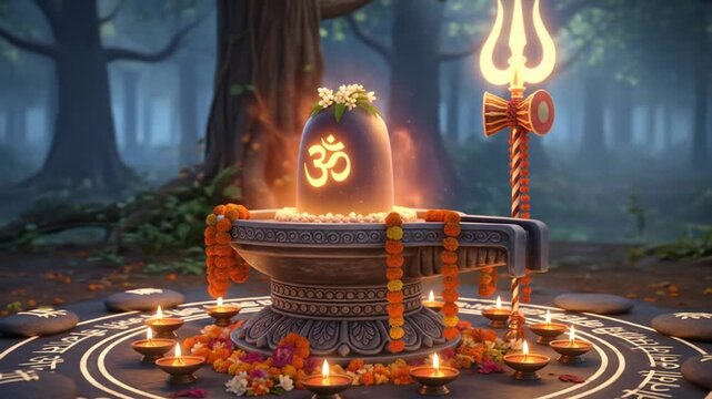 Mystical Shivling Puja Ceremony in Forest Temple with Glowing Candles and Spiritual Symbols