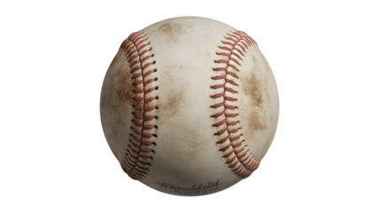 Used baseball with red stitching, leather texture, and dirt marks isolated on transparent background