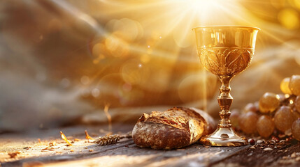 Golden communion chalice with bread wafer bathed in divine sunlight creating sacred religious ceremony atmosphere with warm glowing rays. Christian background for a wallpaper