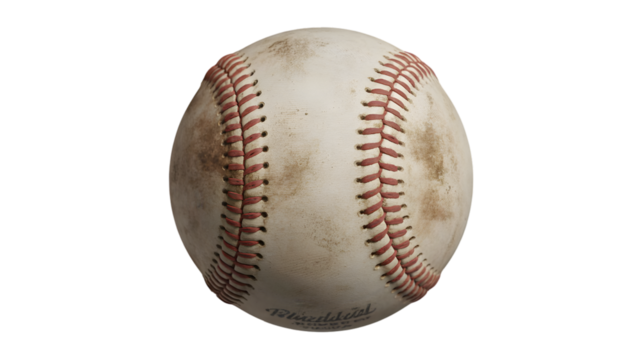 Used baseball with red stitching, leather texture, and dirt marks isolated on transparent background