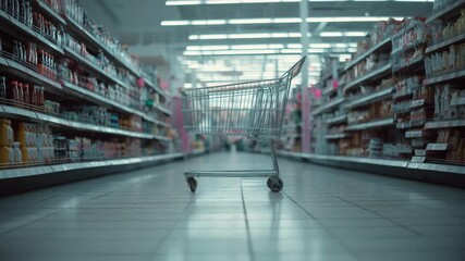 Empty shopping cart in supermarket aisle - Powered by Adobe