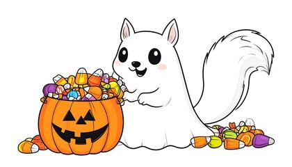 Adorable cartoon ghostlike creature with fluffy tail holding a jackolantern pail overflowing with colorful candies surrounded by more sweets Halloween illustration