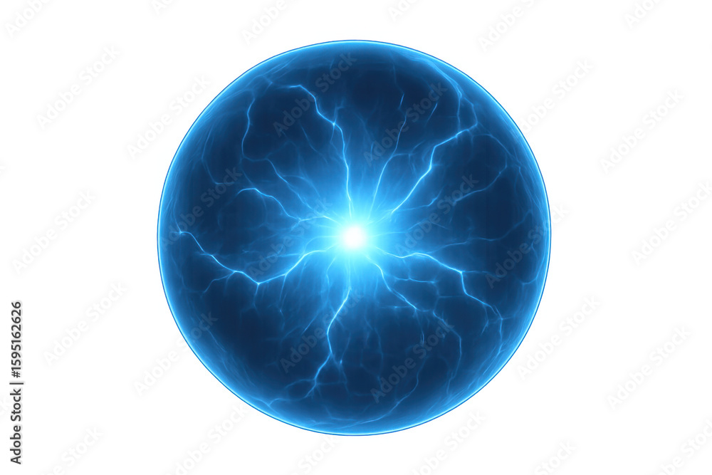 Poster electric currents pulsating within a vibrant blue energy sphere on a transparent background, creatin