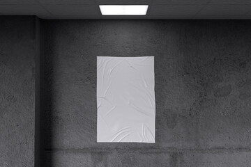 White blank paper poster with lamp on concrete wall background for mockup template