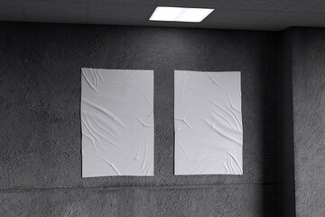 White blank paper poster with lamp on concrete wall background for mockup template