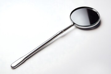 •  A dental mirror with a long stainless handle and round reflective head, placed diagonally on a white background