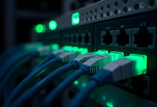 Glowing Network Switch Panel with Ethernet Cables Connected, Representing Data Flow and Connectivity