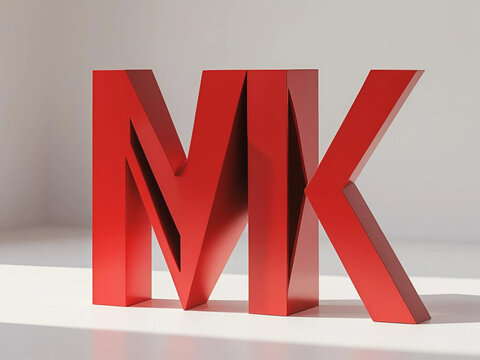 bold red mk letters in three-dimensional style on a white surface