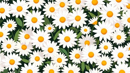 Seamless pattern of blooming white daisy flowers with yellow centers on a dark green background. Ideal for spring designs, fabric prints, packaging, and wallpapers.	