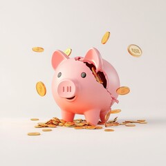 Broken piggy bank with scattered gold coins Pink ceramic pig cracked open