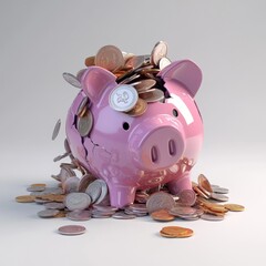Cracked pink piggy bank overflowing with gold and silver coins broken money
