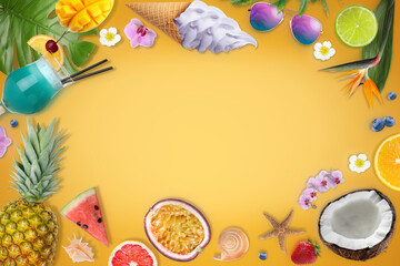 Summer vibe card or party invitation with space for text. Different fruits and stuff on orange...