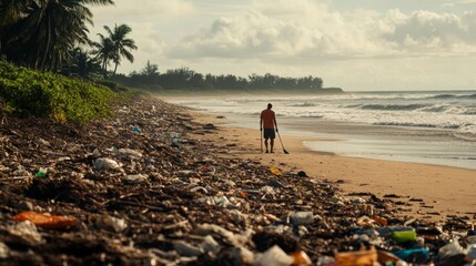 Man cleaning polluted beach ocean waves plastic debris tropical coast Pollution