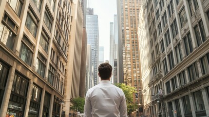 Naklejka na ściany i meble Man in white shirt standing between tall city buildings Skyscrapers Urban