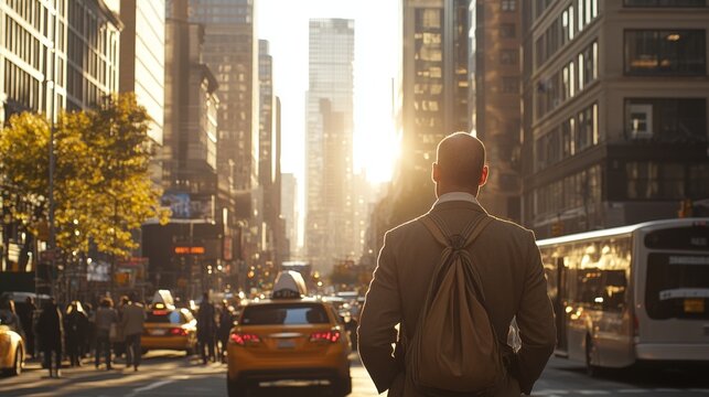 Man with backpack walking city street sunset skyscrapers Urban Person Businessman
