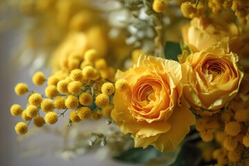 Vibrant yellow roses and mimosa flowers in a soft focus floral arrangement