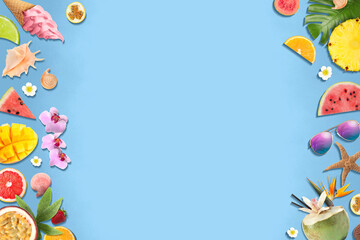 Summer vibe card or party invitation with space for text. Frame of different fruits on light blue...