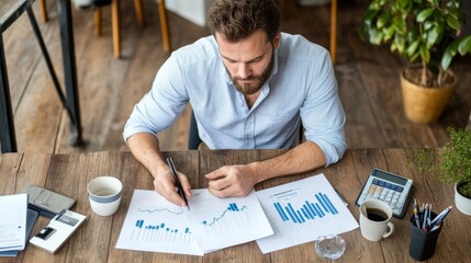 Businessman reviewing financial charts and graphs at his desk He's using a pen to analyze data