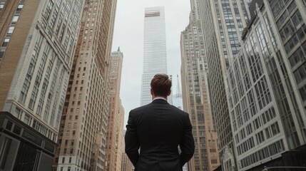 Man in suit standing between skyscrapers city view Businessman Urban Buildings