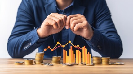 Person's hands protecting stacks of coins and financial growth chart finance