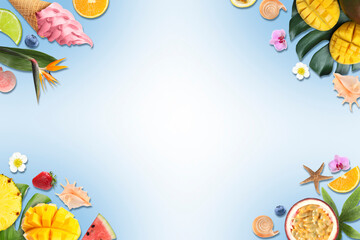 Summer vibe card or party invitation with space for text. Frame of different fruits on color...