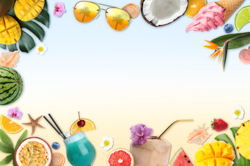 Summer vibe card or party invitation with space for text. Frame of different fruits on color...