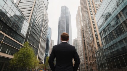 Naklejka na ściany i meble Man in suit standing between skyscrapers city view businessman buildings